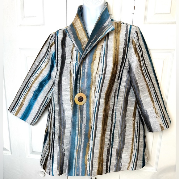 IC by CONNIE K Jacket Coat Metallic Striped Tapestry Blazer Blue Golden Yellow - Picture 9 of 9